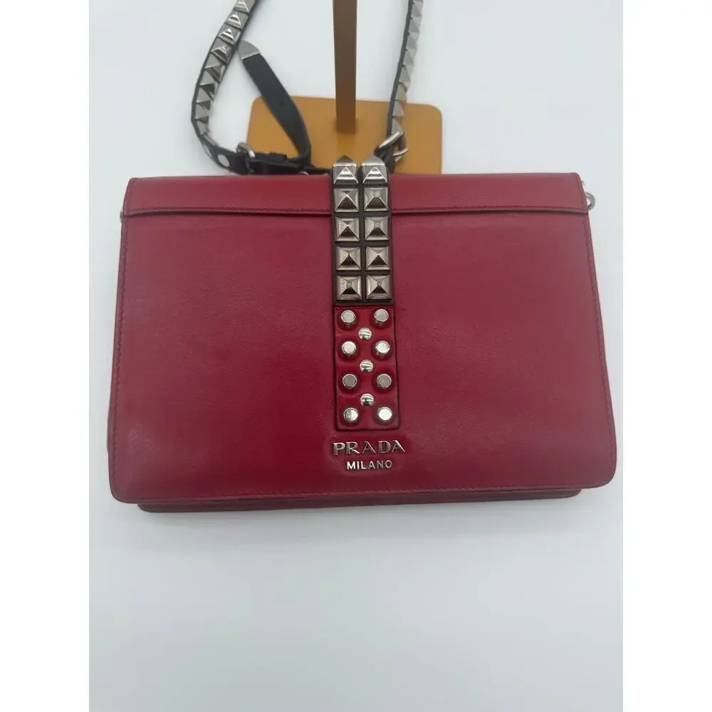 PRADA Elektra Red Saffiano Leather Studded Buckle Crossbody Bag 1BD120 Silver⁠